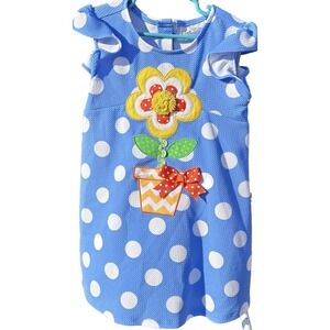 Rare Edition Girls 6 Spring Dress Blue White Polka Dot Bow Flower Seersucker